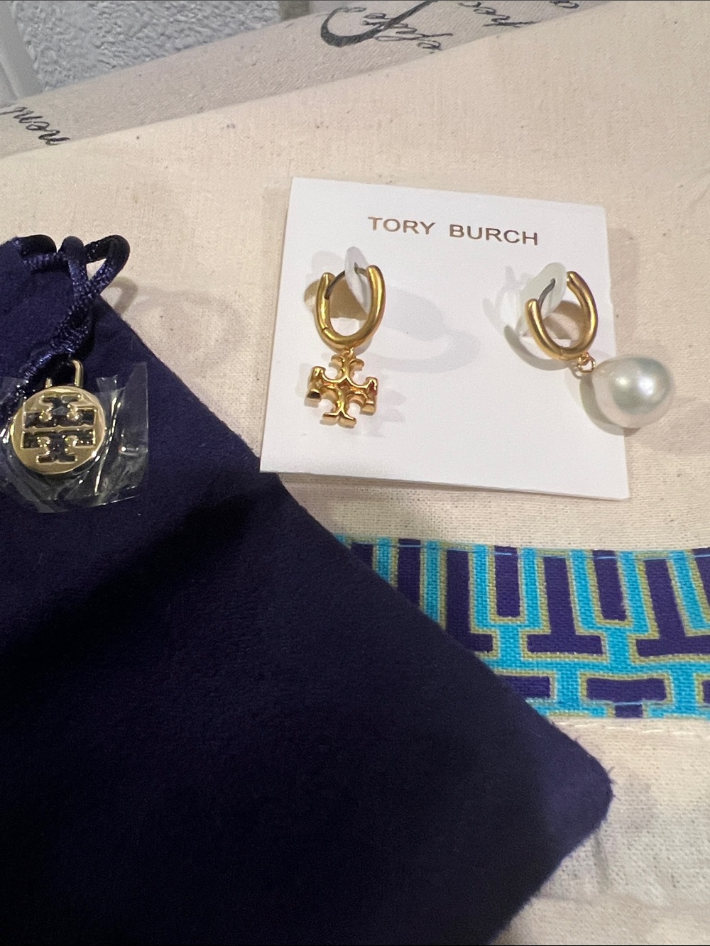 Tory Burch Gold Color Imitation Pearl & Double T Charm Mismatched Hoop Earrings